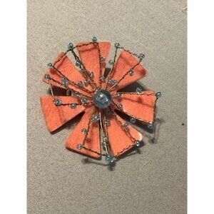 Vintage Orange Felt & Blue Bead Floral Brooch Pin
